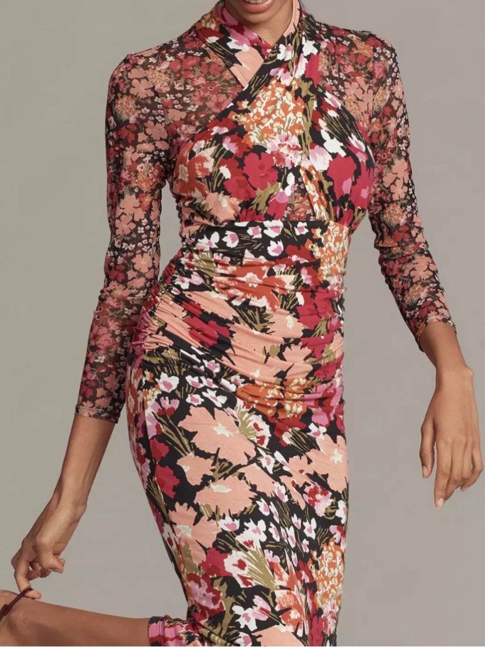 Anthropologie Floral Mesh Midi Dress - Pink, Black, Peach - Picture 3 of 4